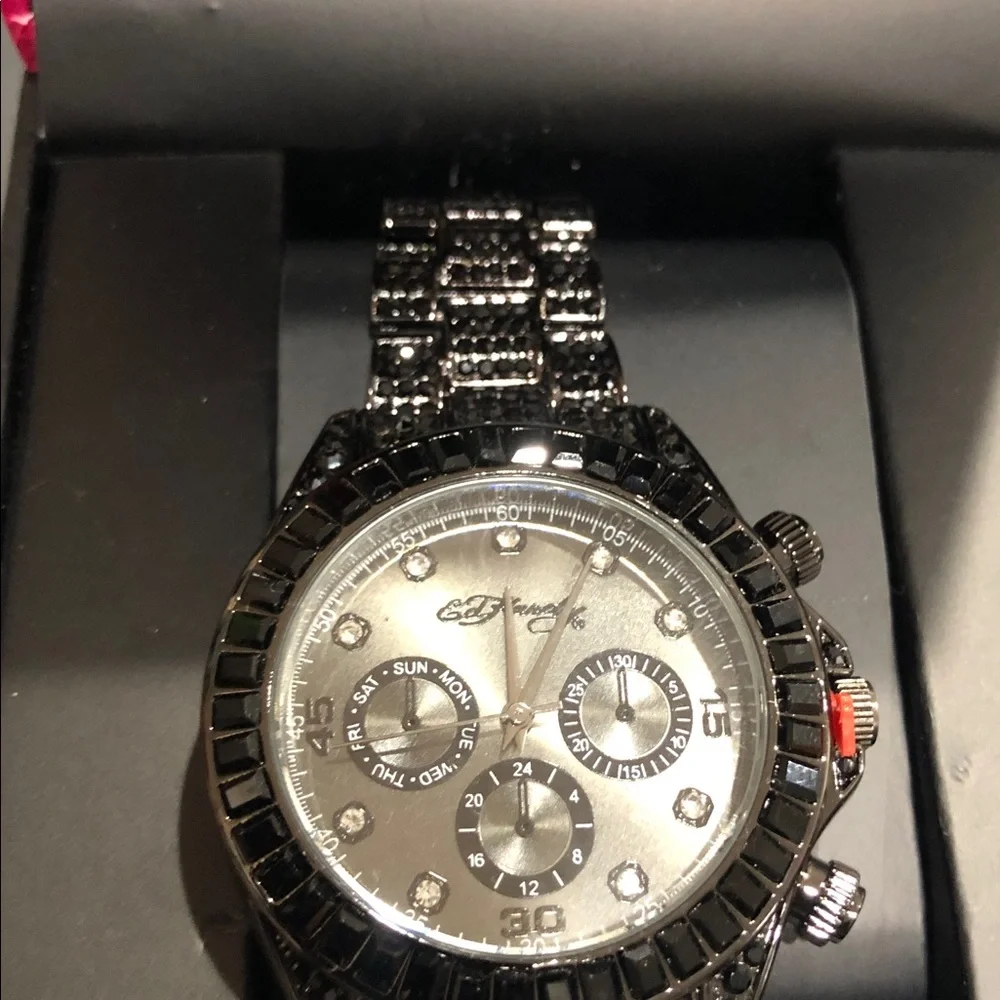 Ed Hardy black onyx look gemstone bling wristwatch new in pink Ed Hardy logo box